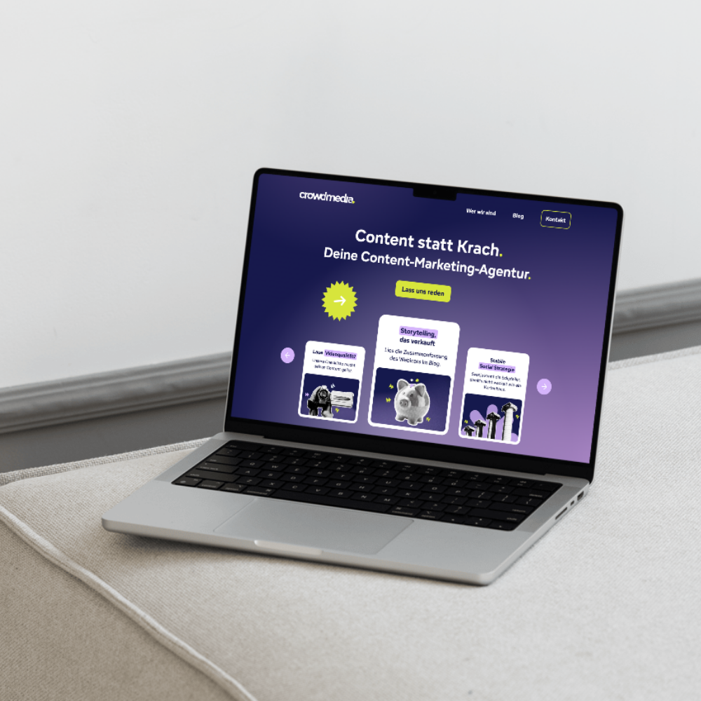 Rebranding für die Content-Marketing-Agentur crowdmedia GmbH mit neu entwickeltem Logo und modernem Webdesign.