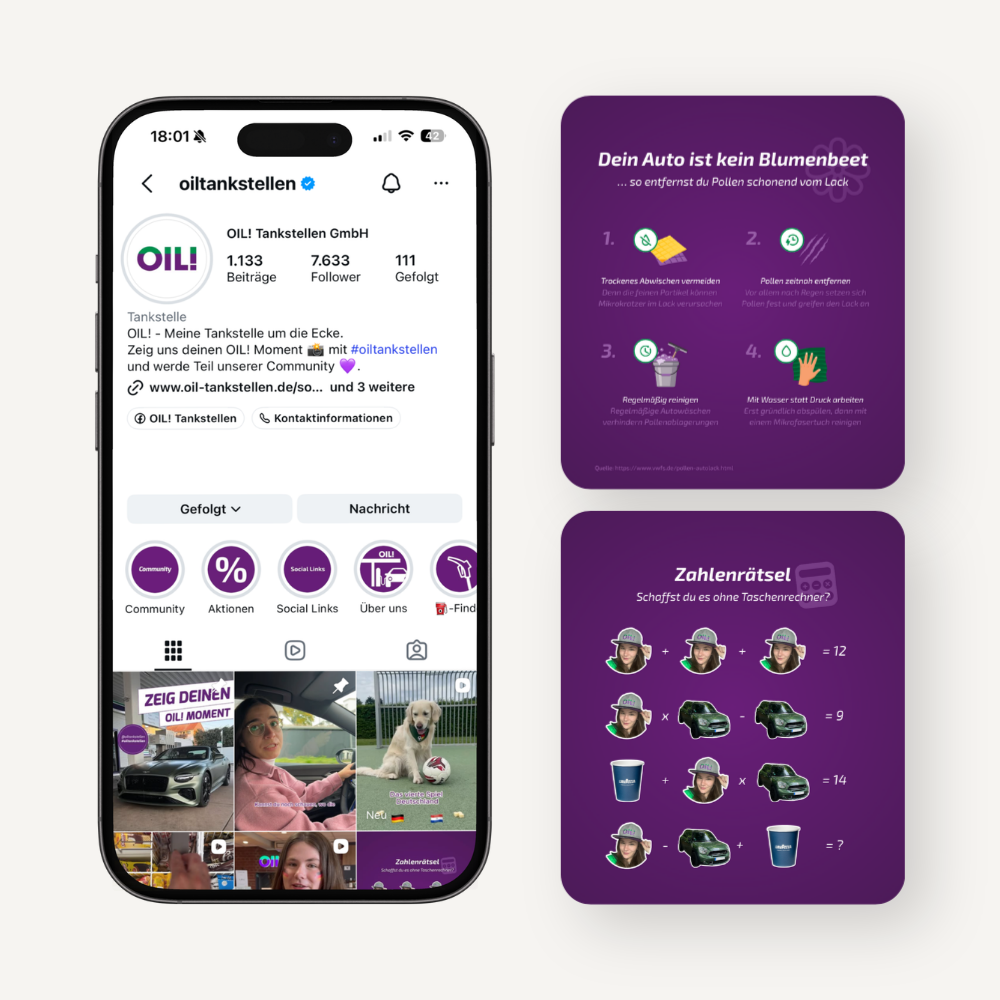 Instagram-Auftritt von OIL! Tankstellen mit individuell gestalteten Social-Media-Beiträgen und Content-Konzepten.