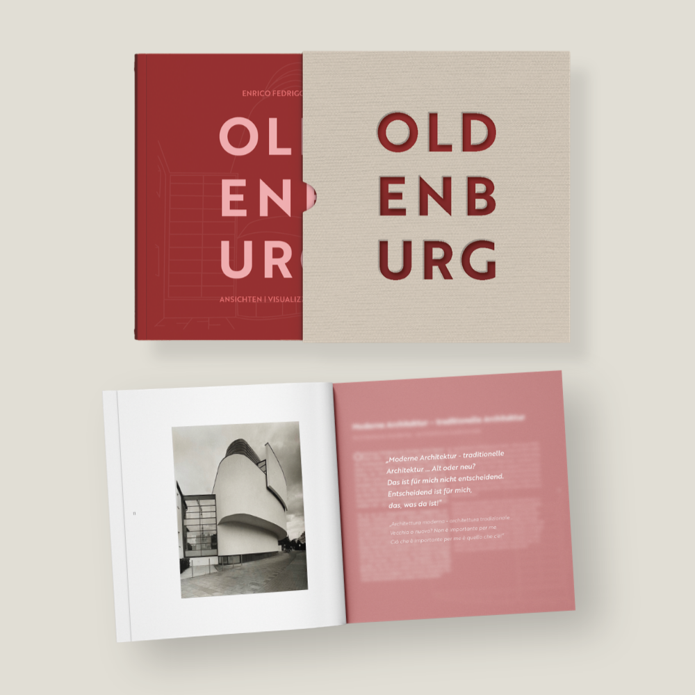 Editorial Design eines Buches mit gestaltetem Cover, Schuber und Innenseiten zum Thema Architektur.